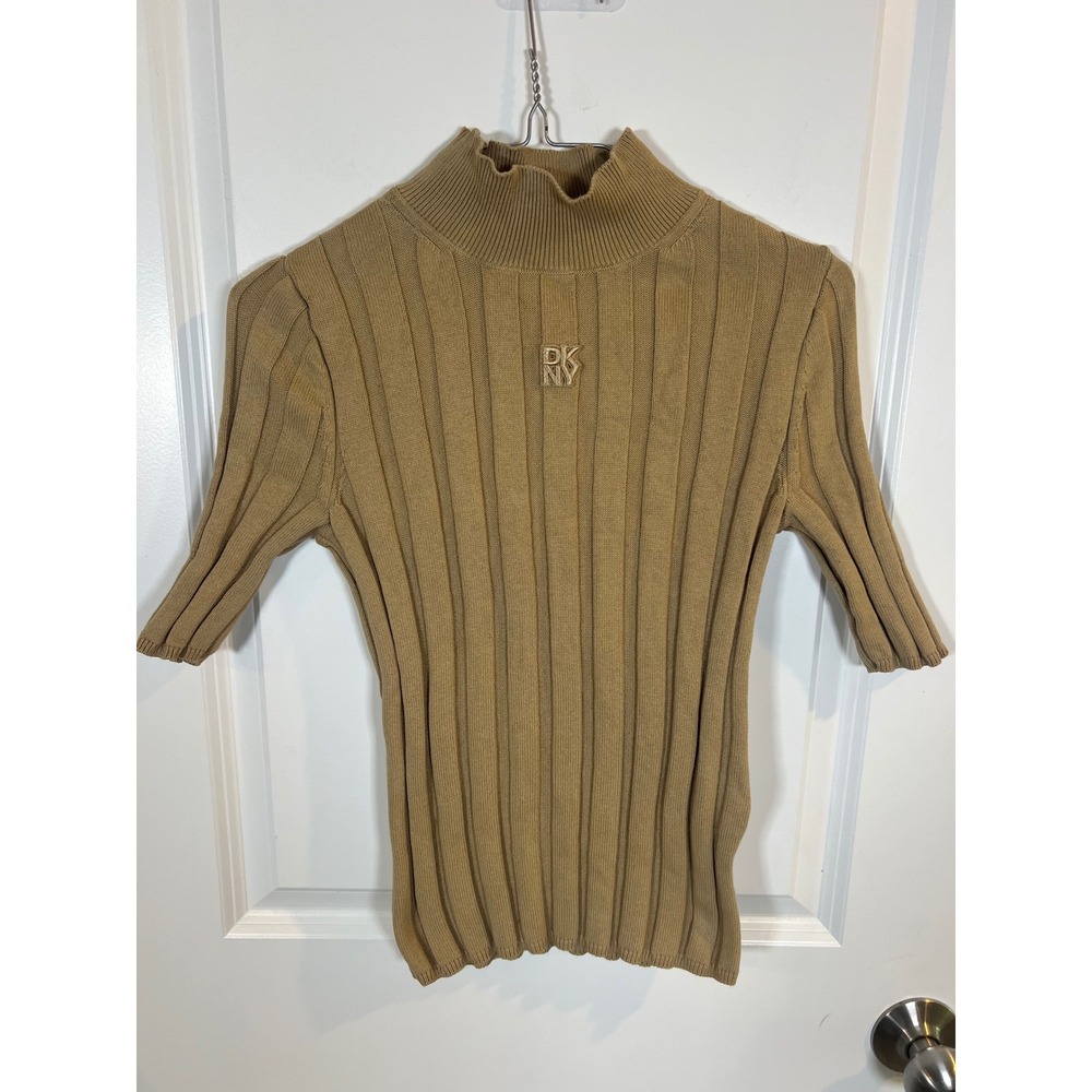DKNY Jeans Womens Ribbed Sweater Mock Neck Tan Size S